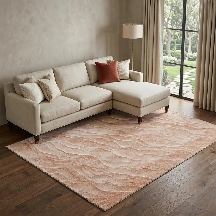 8' Coral And Ivory Abstract Washable Area Rug With UV Protection Photo 1