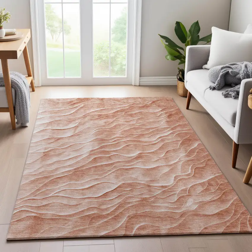 8' Coral And Ivory Abstract Washable Area Rug With UV Protection Photo 5