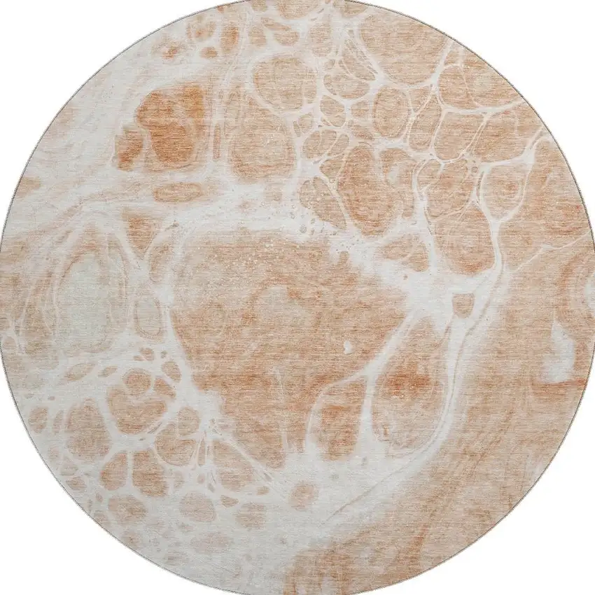 8' Coral And Ivory Abstract Washable Round Rug With UV Protection Photo 2