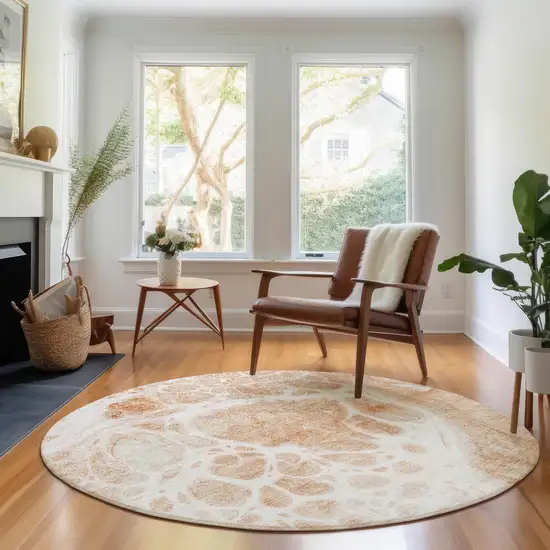 8' Coral And Ivory Abstract Washable Round Rug With UV Protection Photo 4