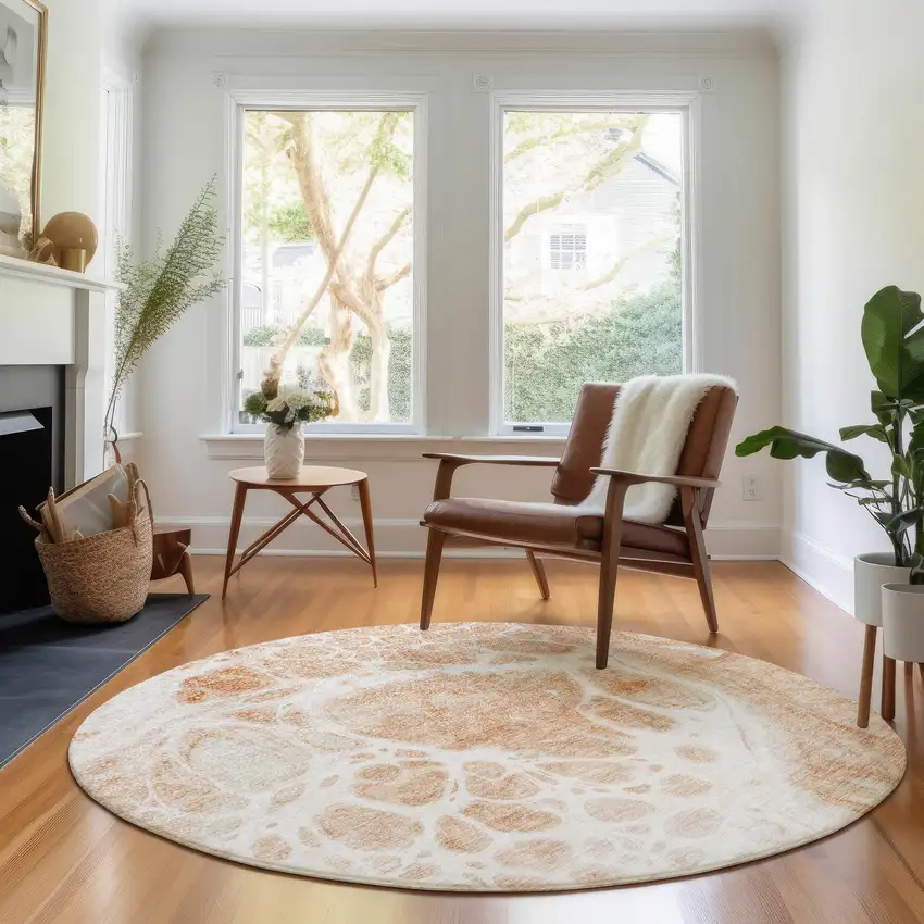 8' Coral And Ivory Abstract Washable Round Rug With UV Protection Photo 4