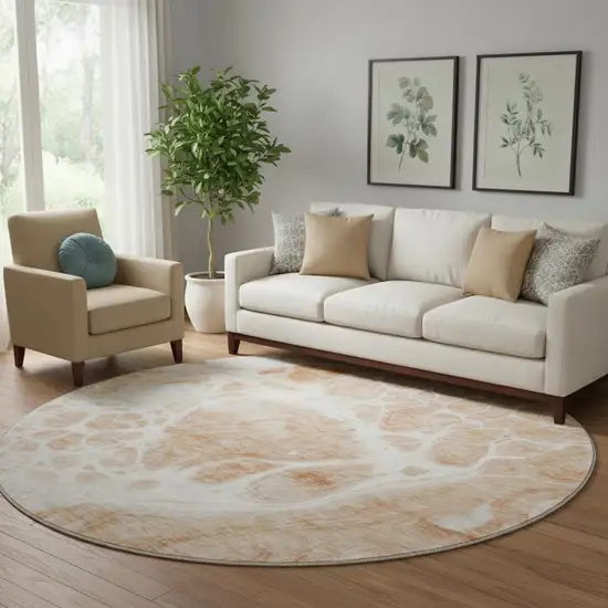 8' Coral And Ivory Abstract Washable Round Rug With UV Protection Photo 1