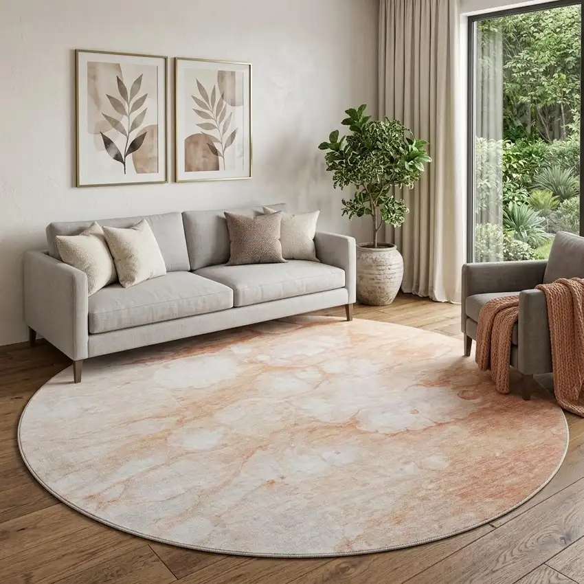 8' Coral And Ivory Abstract Washable Round Rug With UV Protection Photo 1