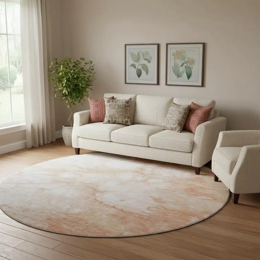 8' Coral And Ivory Abstract Washable Round Rug With UV Protection Photo 2