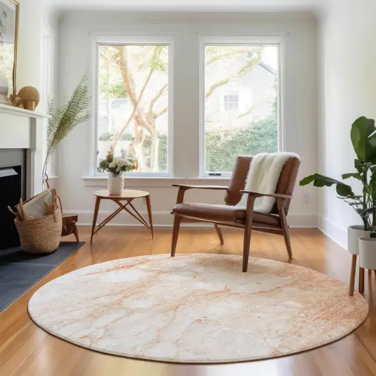 8' Coral And Ivory Abstract Washable Round Rug With UV Protection Photo 3