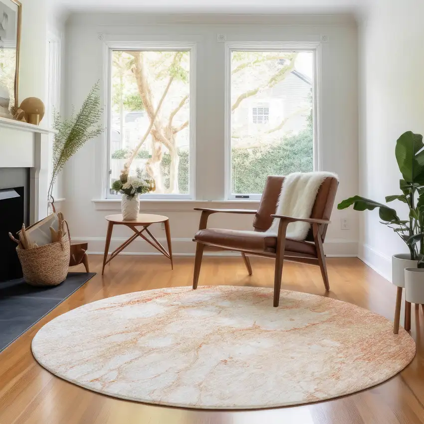 8' Coral And Ivory Abstract Washable Round Rug With UV Protection Photo 3