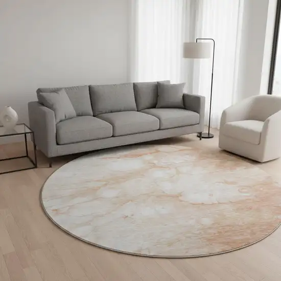 8' Coral And Ivory Abstract Washable Round Rug With UV Protection Photo 2