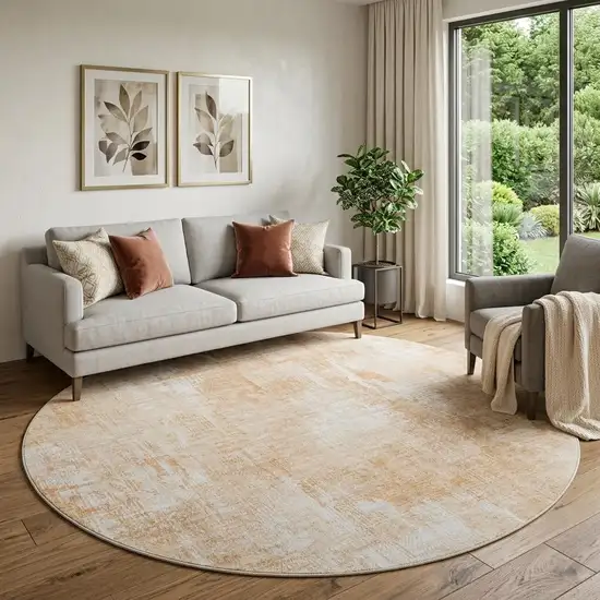 8' Coral And Ivory Abstract Washable Round Rug With UV Protection Photo 1