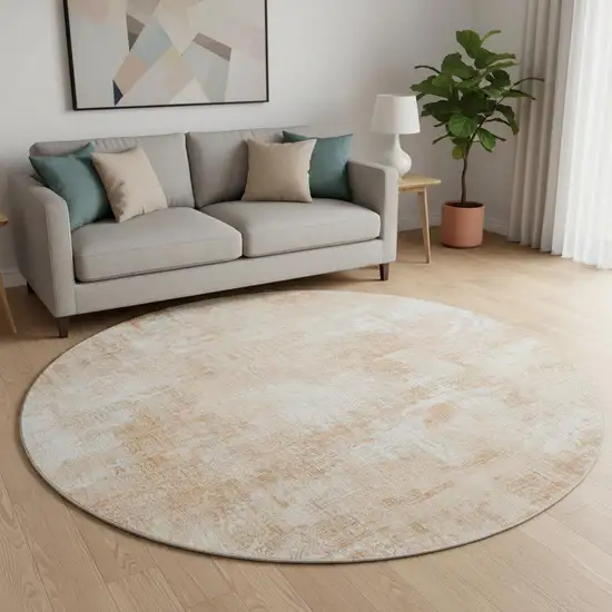 8' Coral And Ivory Abstract Washable Round Rug With UV Protection Photo 2