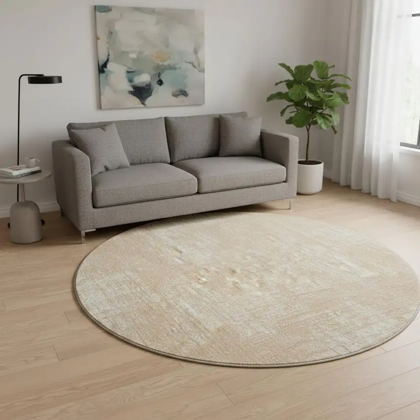 8' Coral And Ivory Abstract Washable Round Rug With UV Protection Photo 2