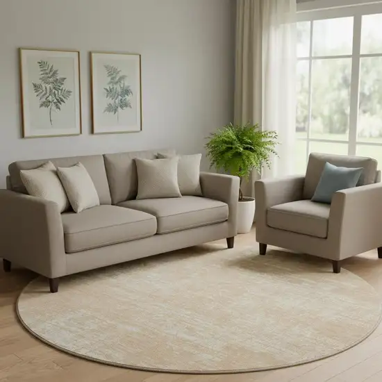 8' Coral And Ivory Abstract Washable Round Rug With UV Protection Photo 1