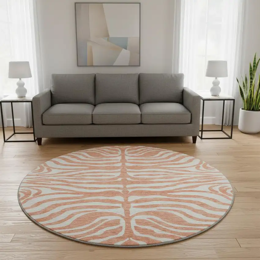8' Coral And Ivory Animal Print Washable Round Rug With UV Protection Photo 2