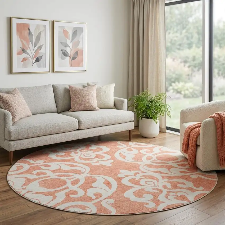 8' Coral And Ivory Damask Washable Round Rug With UV Protection Photo 1