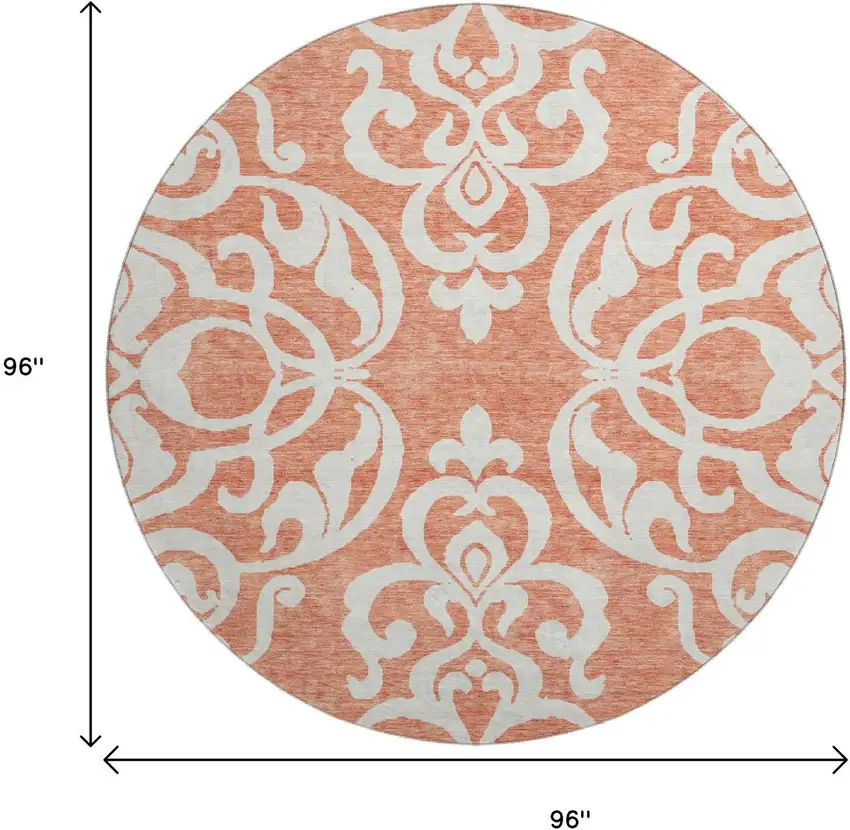 8' Coral And Ivory Damask Washable Round Rug With UV Protection Photo 9