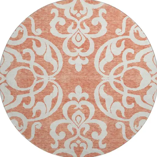 8' Coral And Ivory Damask Washable Round Rug With UV Protection Photo 3