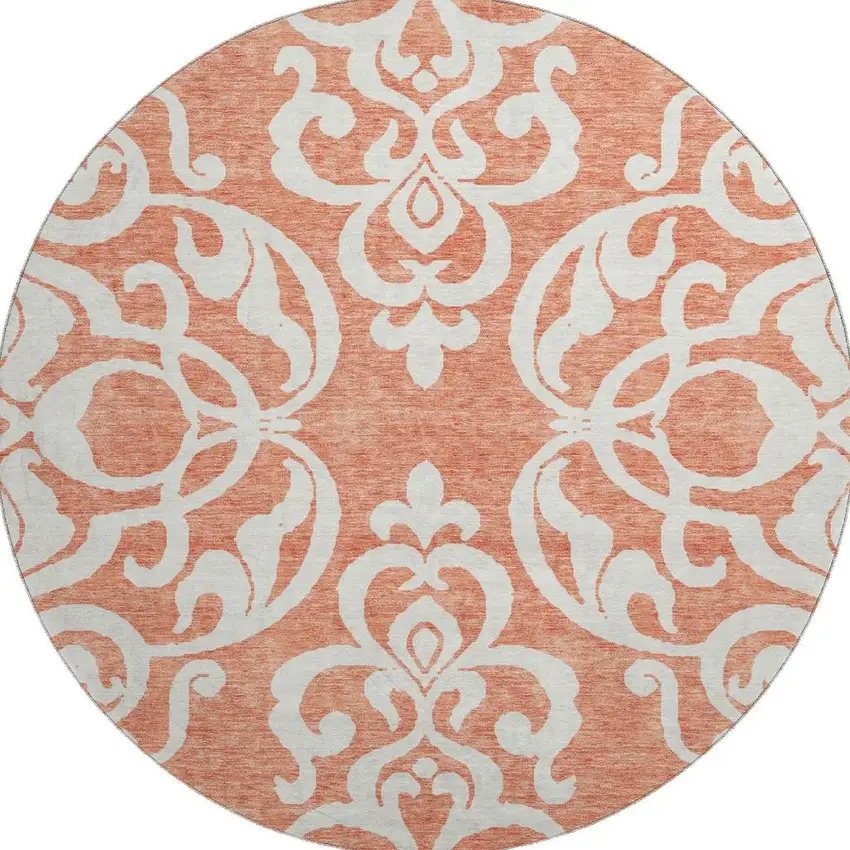8' Coral And Ivory Damask Washable Round Rug With UV Protection Photo 3