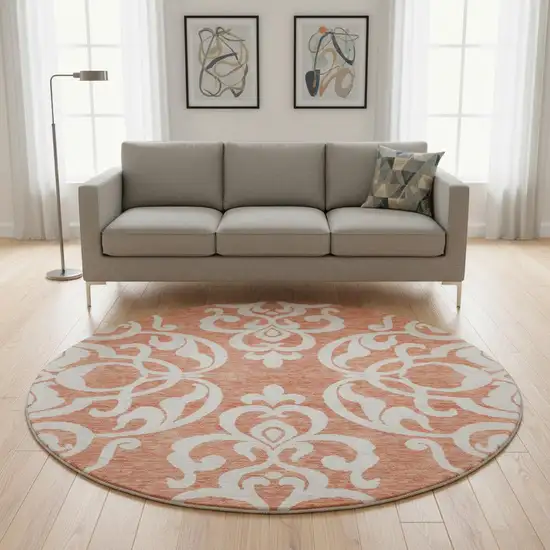 8' Coral And Ivory Damask Washable Round Rug With UV Protection Photo 2