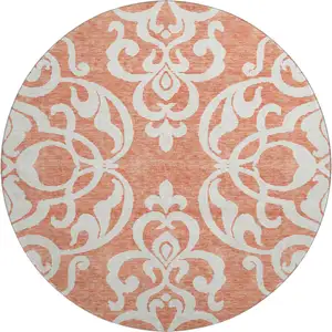 Photo of 8' Coral And Ivory Damask Washable Round Rug With UV Protection