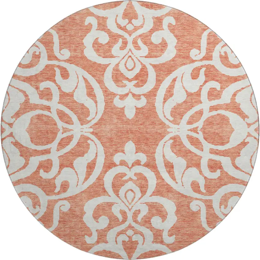 8' Coral And Ivory Damask Washable Round Rug With UV Protection Photo 1