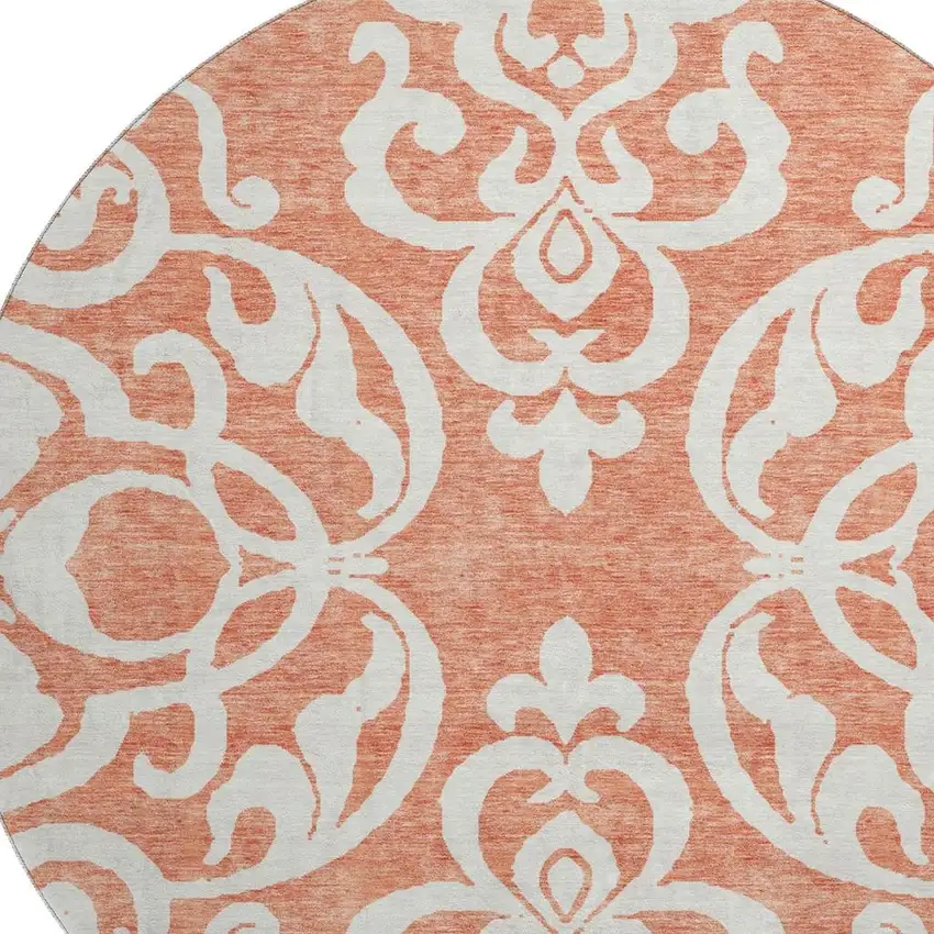 8' Coral And Ivory Damask Washable Round Rug With UV Protection Photo 2