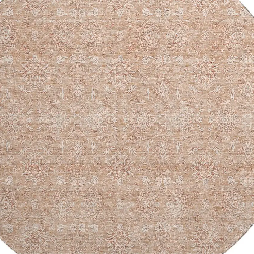 8' Coral And Ivory Floral Washable Round Rug With UV Protection Photo 4