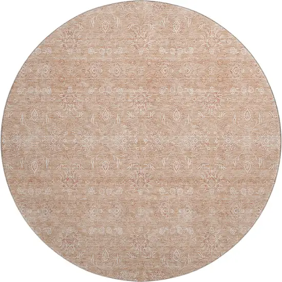 8' Coral And Ivory Floral Washable Round Rug With UV Protection Photo 1
