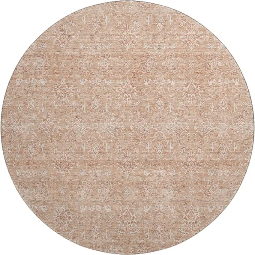 8' Coral And Ivory Floral Washable Round Rug With UV Protection Photo 1