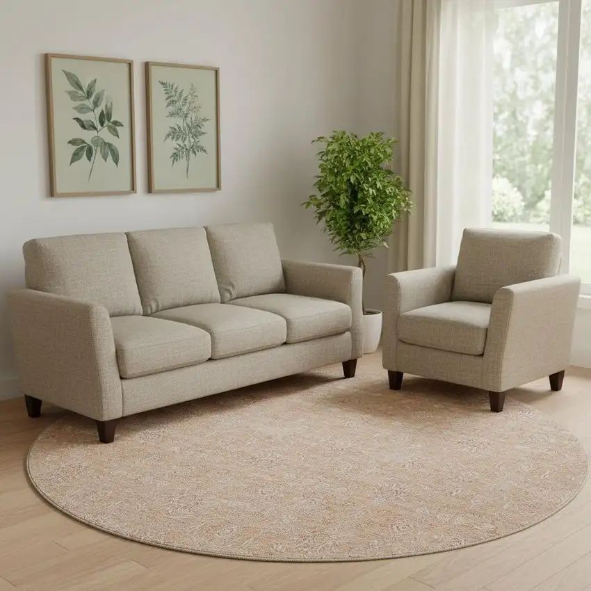 8' Coral And Ivory Floral Washable Round Rug With UV Protection Photo 1