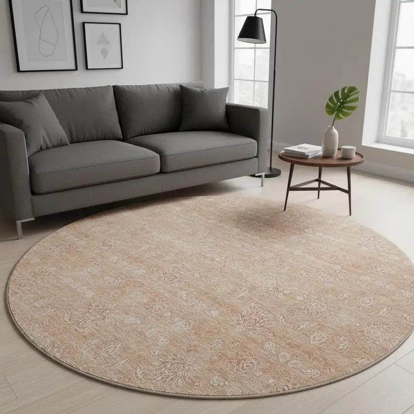 8' Coral And Ivory Floral Washable Round Rug With UV Protection Photo 2