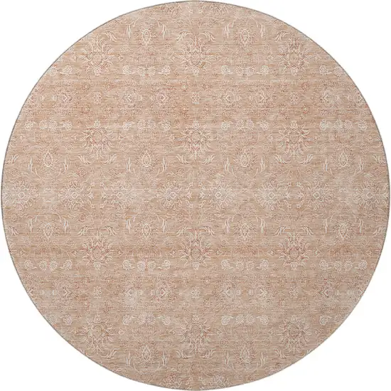 8' Coral And Ivory Floral Washable Round Rug With UV Protection Photo 3