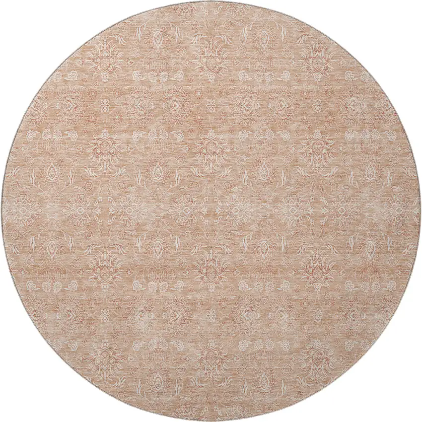 8' Coral And Ivory Floral Washable Round Rug With UV Protection Photo 3