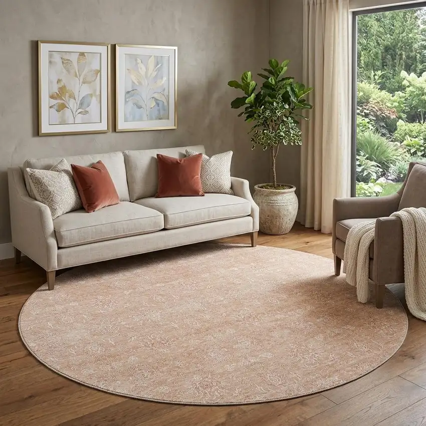 8' Coral And Ivory Floral Washable Round Rug With UV Protection Photo 1