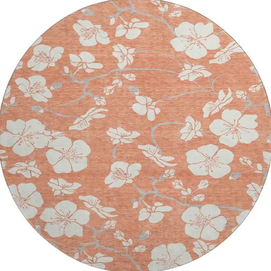8' Coral And Ivory Floral Washable Round Rug With UV Protection Photo 2