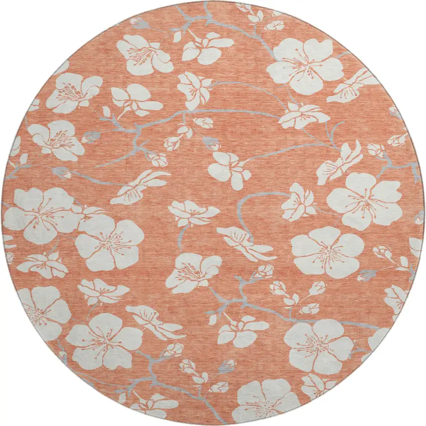 8' Coral And Ivory Floral Washable Round Rug With UV Protection Photo 1