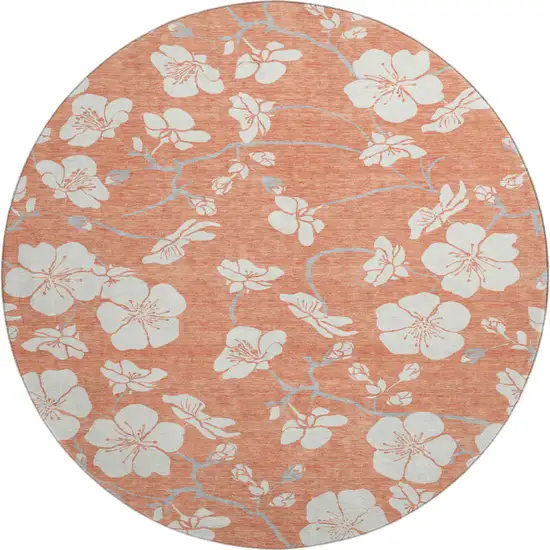 8' Coral And Ivory Floral Washable Round Rug With UV Protection Photo 1
