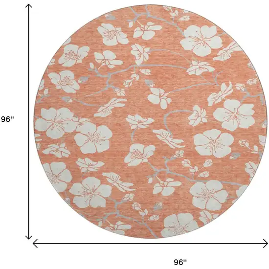 8' Coral And Ivory Floral Washable Round Rug With UV Protection Photo 9