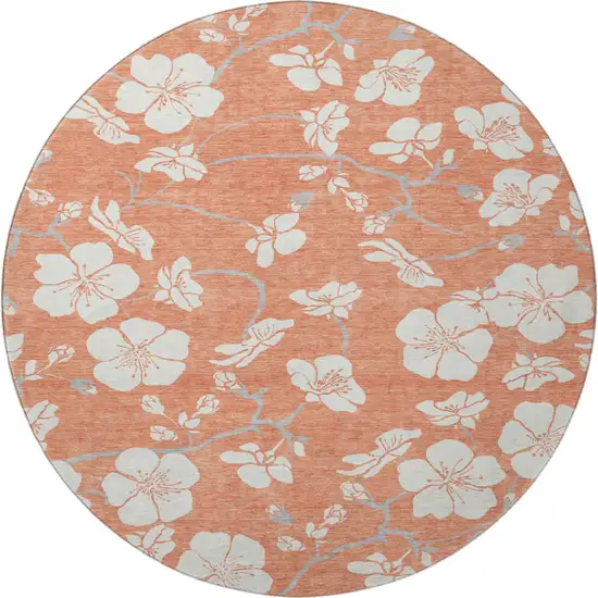 8' Coral And Ivory Floral Washable Round Rug With UV Protection Photo 3