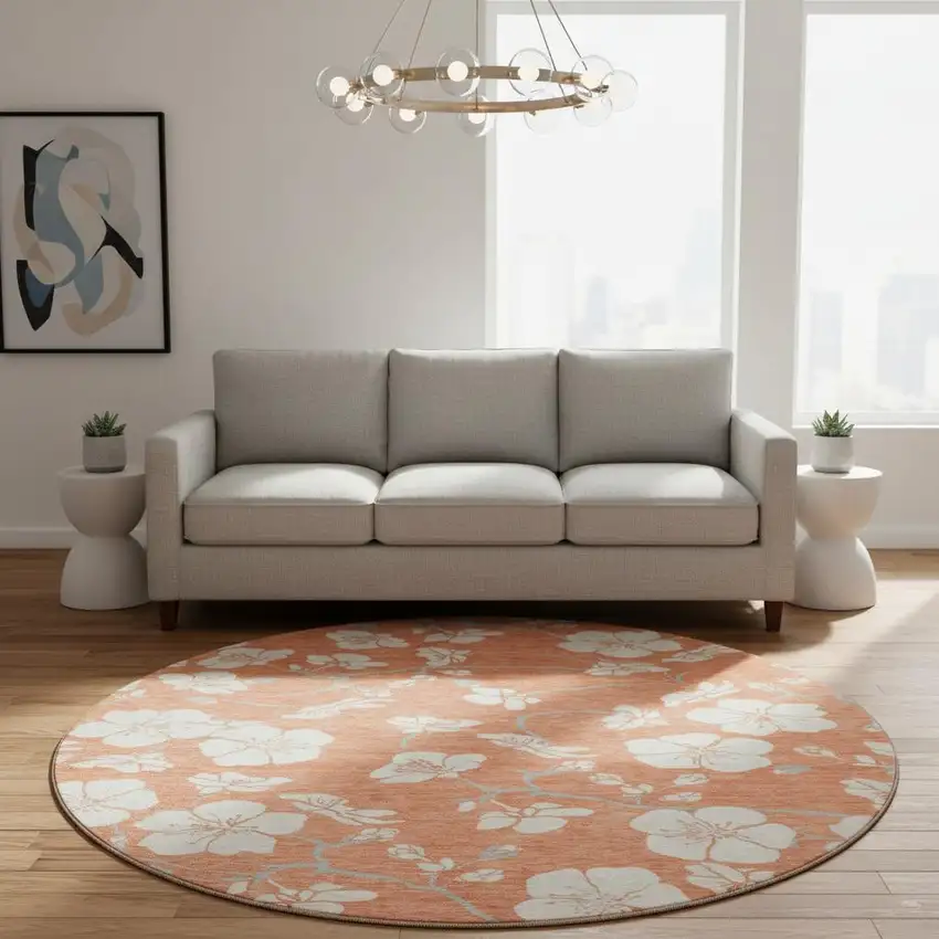 8' Coral And Ivory Floral Washable Round Rug With UV Protection Photo 2