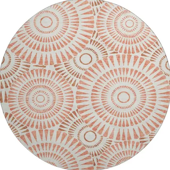 8' Coral And Ivory Geometric Washable Round Rug With UV Protection Photo 4