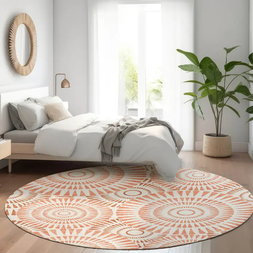8' Coral And Ivory Geometric Washable Round Rug With UV Protection Photo 5