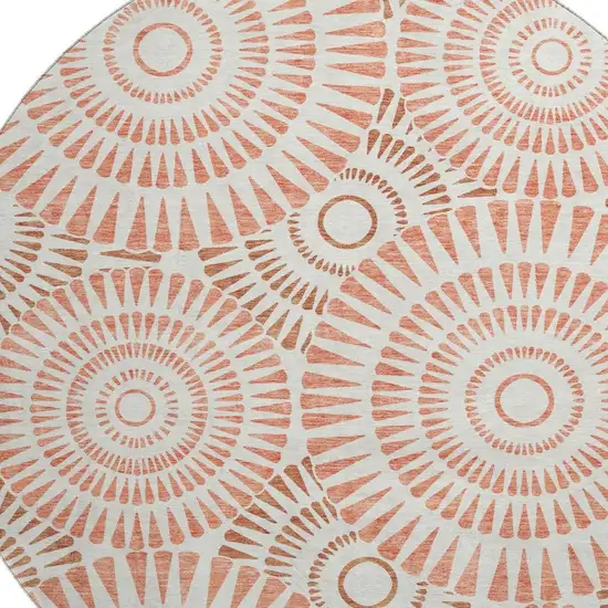 8' Coral And Ivory Geometric Washable Round Rug With UV Protection Photo 3