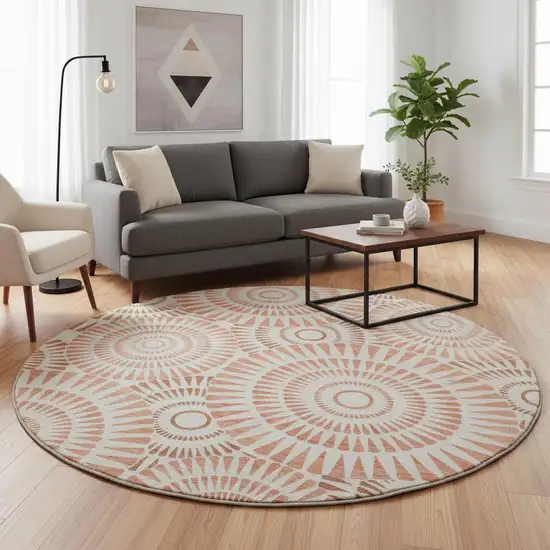 8' Coral And Ivory Geometric Washable Round Rug With UV Protection Photo 2