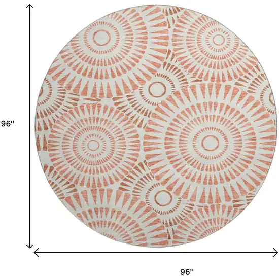 8' Coral And Ivory Geometric Washable Round Rug With UV Protection Photo 8