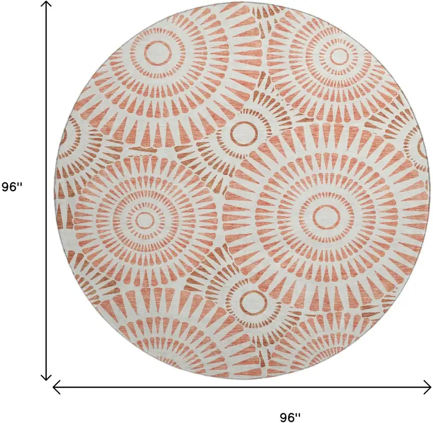 8' Coral And Ivory Geometric Washable Round Rug With UV Protection Photo 8