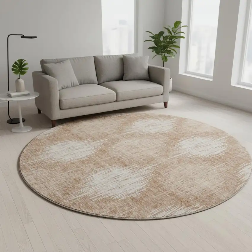 8' Coral And Ivory Ikat Washable Round Rug With UV Protection Photo 2