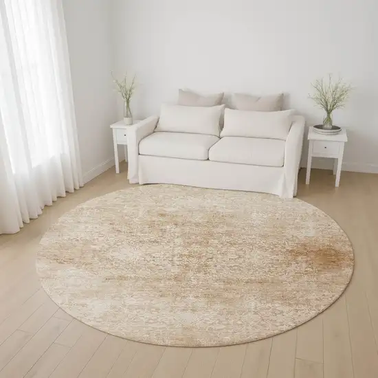 8' Coral And Ivory Oriental Washable Round Rug With UV Protection Photo 4