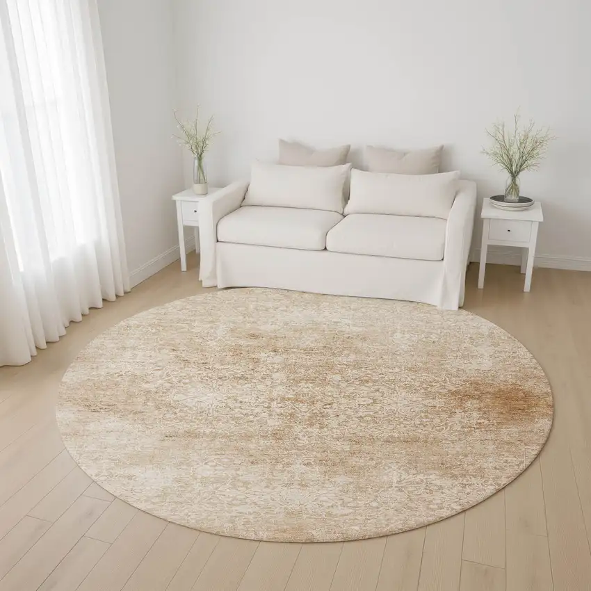 8' Coral And Ivory Oriental Washable Round Rug With UV Protection Photo 4