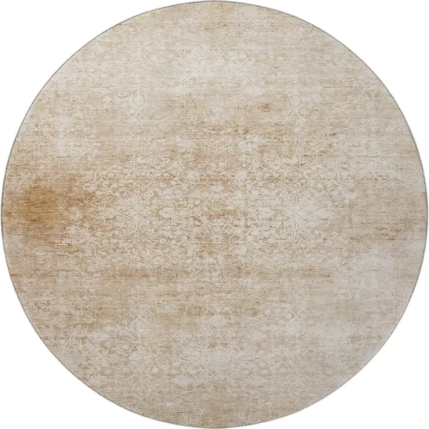 8' Coral And Ivory Oriental Washable Round Rug With UV Protection Photo 3