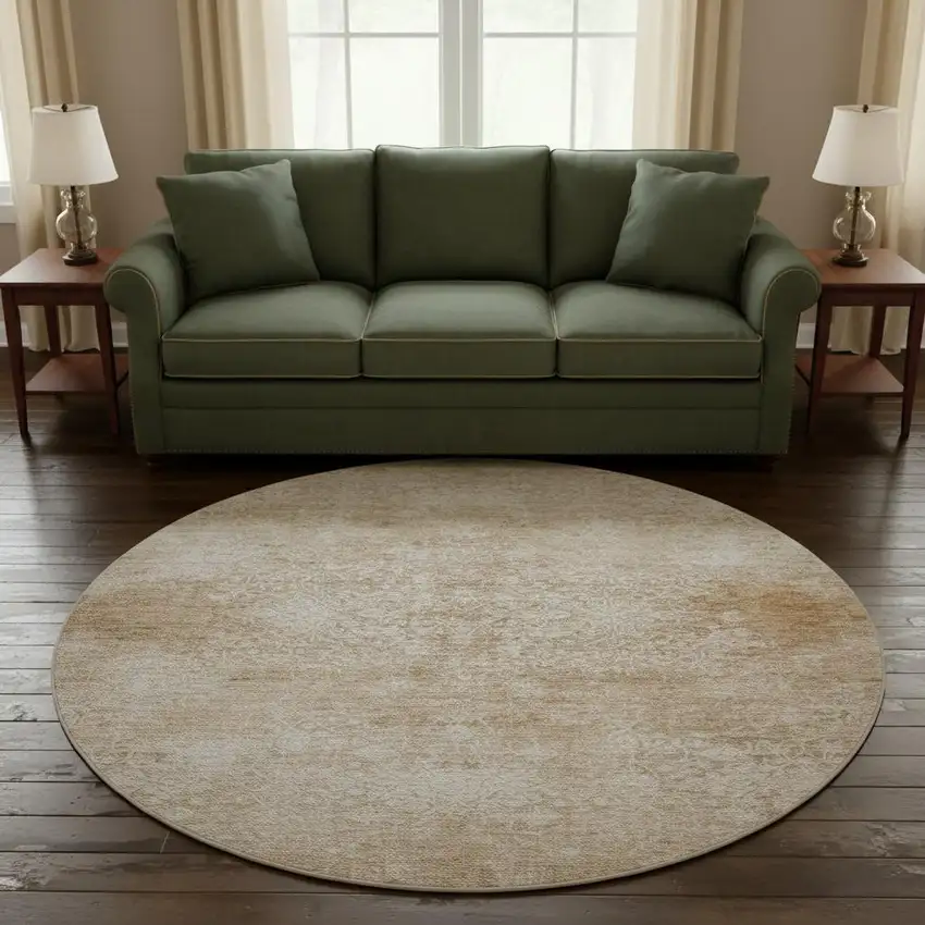 8' Coral And Ivory Oriental Washable Round Rug With UV Protection Photo 2