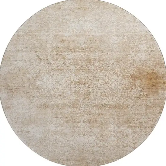 8' Coral And Ivory Oriental Washable Round Rug With UV Protection Photo 2
